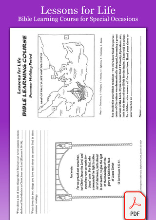 Lessons for Life Bible Learning Course Special Occasions pdf sample sheet image.