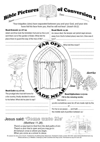Junior Church Juniors Bible Pictures of Conversion sample worksheet image.