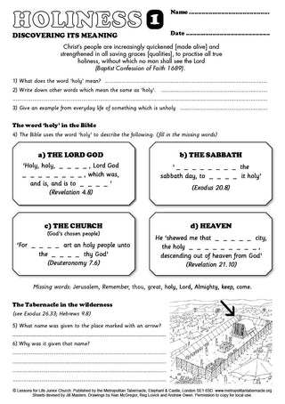 Junior Church Juniors Holiness sample worksheet image.