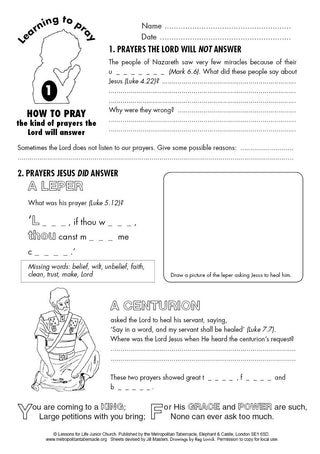 Junior Church Juniors Learning to Pray sample worksheet image.