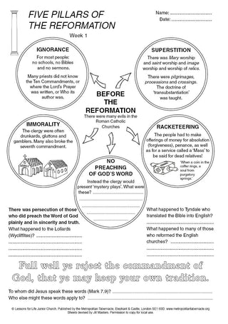 Junior Church Seniors The Five Pillars of the Reformation sample worksheet image.