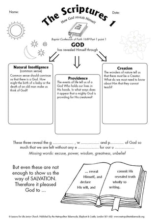 Junior Church Seniors The Scriptures sample worksheet image.