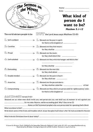 Junior Church Seniors The Sermon on the Mount sample worksheet image.